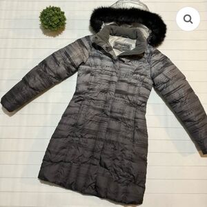 Eddie Bauer Charcoal Puffer Jacket with Faux Fur Hood